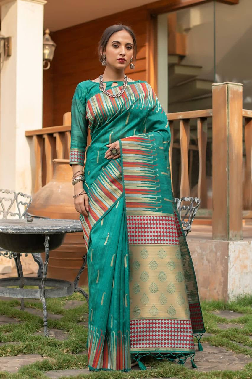 Pure Tussar silk weaving saree with ikkat woven Border