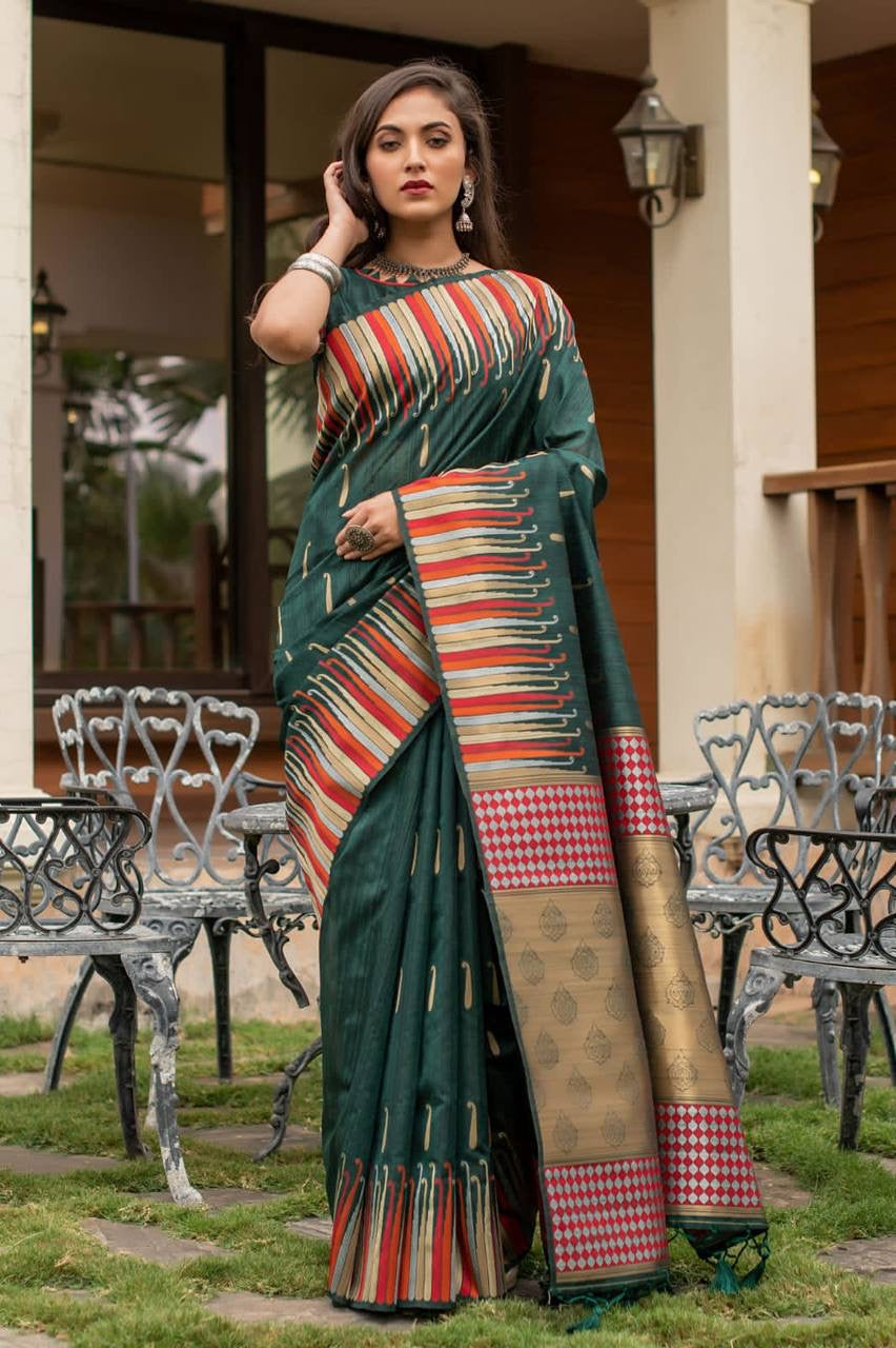 Pure Tussar silk weaving saree with ikkat woven Border