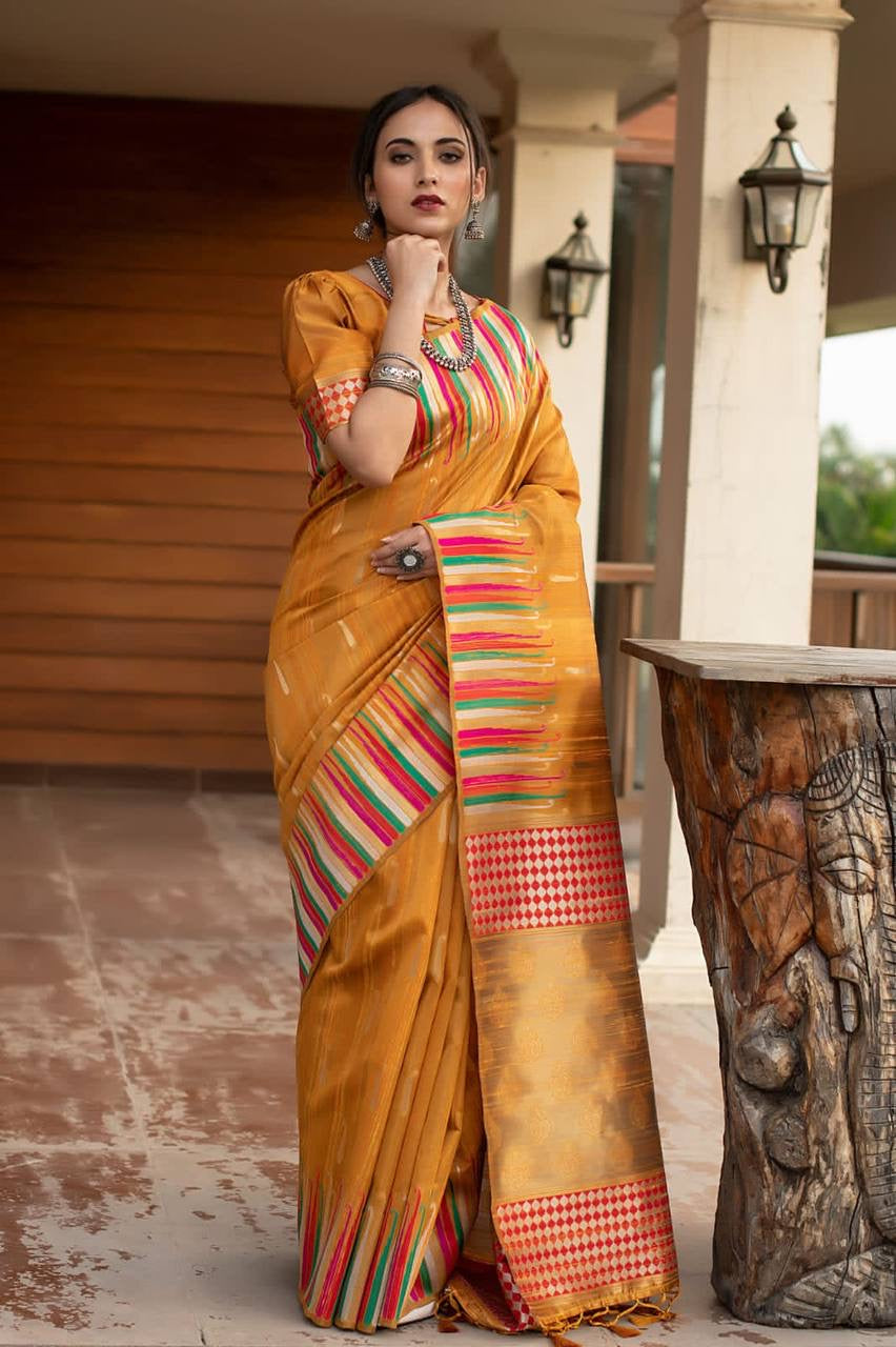 Pure Tussar silk weaving saree with ikkat woven Border