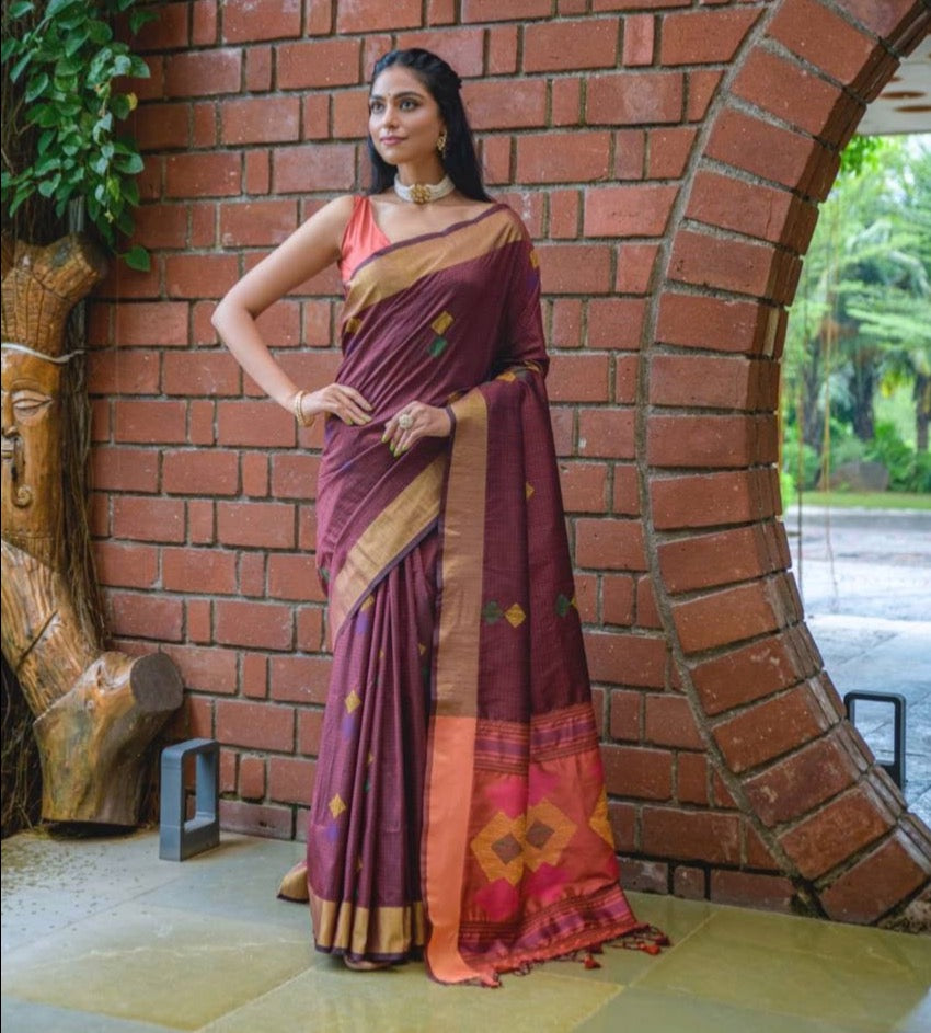 Soft Raw Silk Weaving Saree With Ikkat Woven Pallu