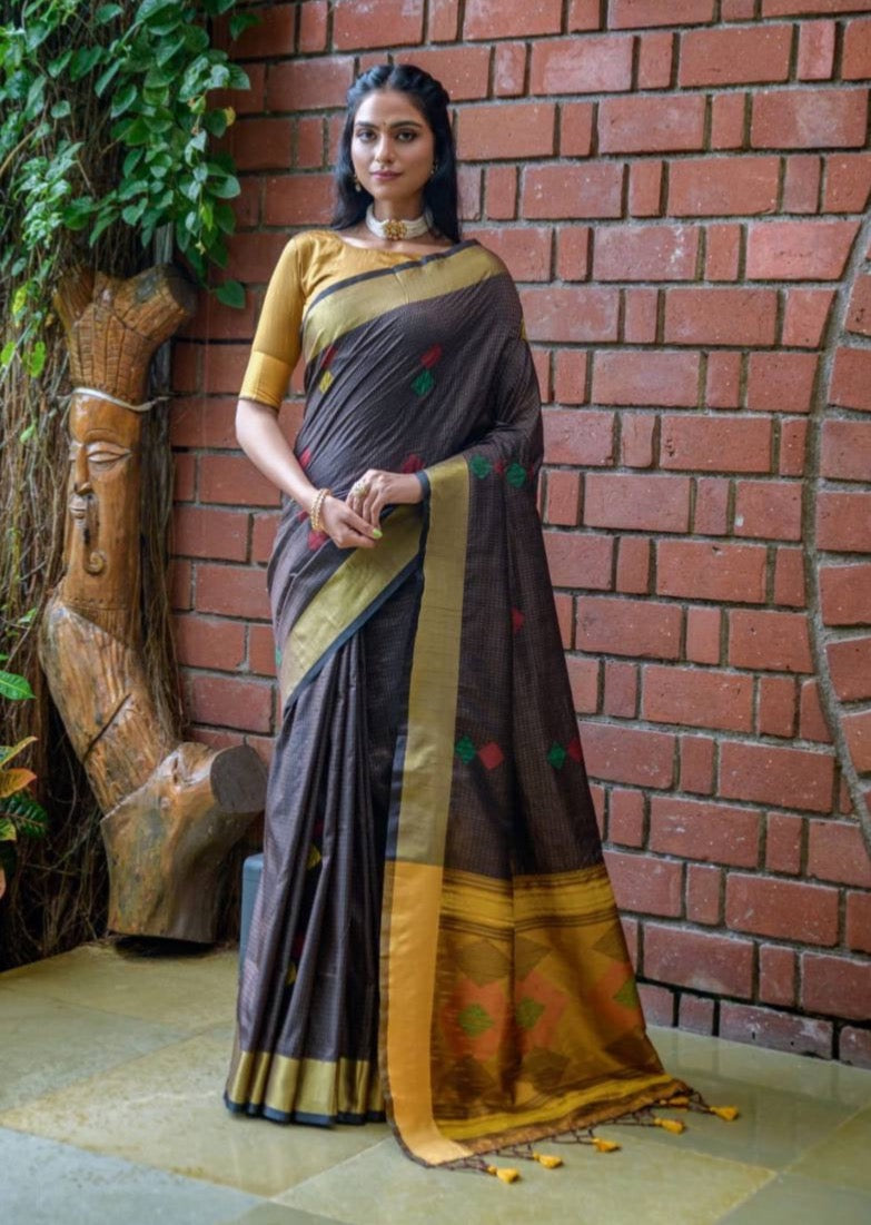 Soft Raw Silk Weaving Saree With Ikkat Woven Pallu