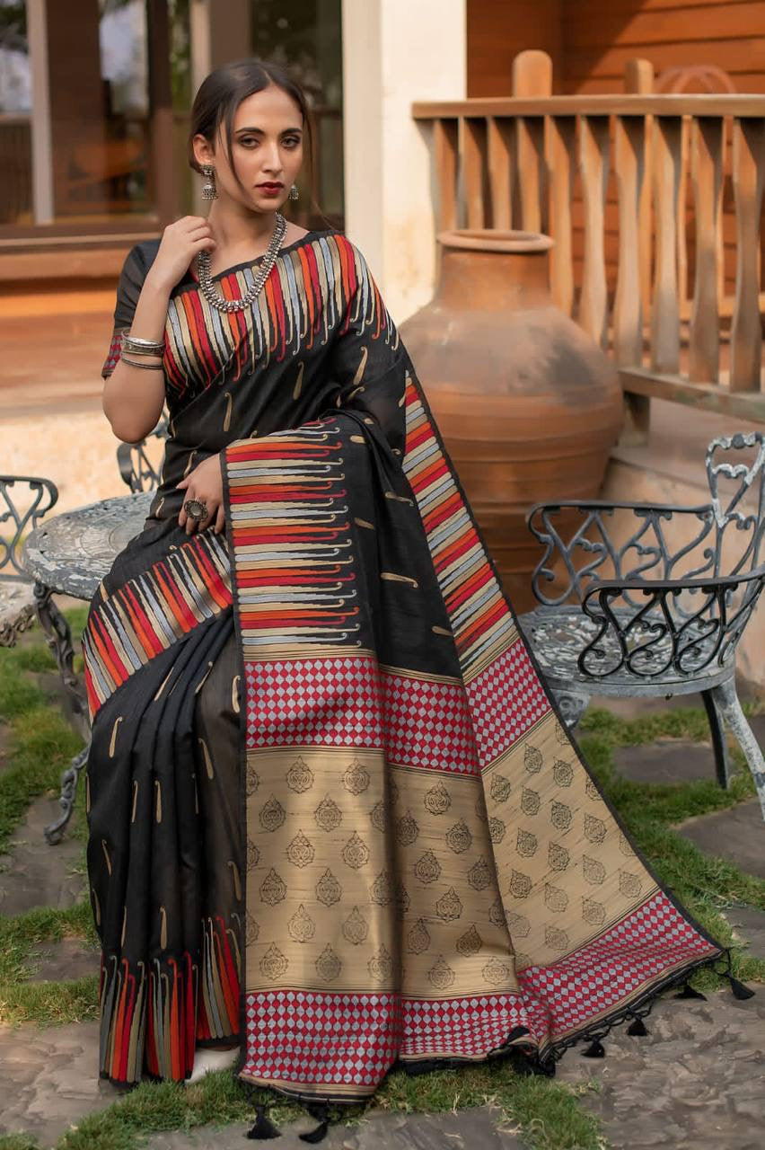 Pure Tussar silk weaving saree with ikkat woven Border