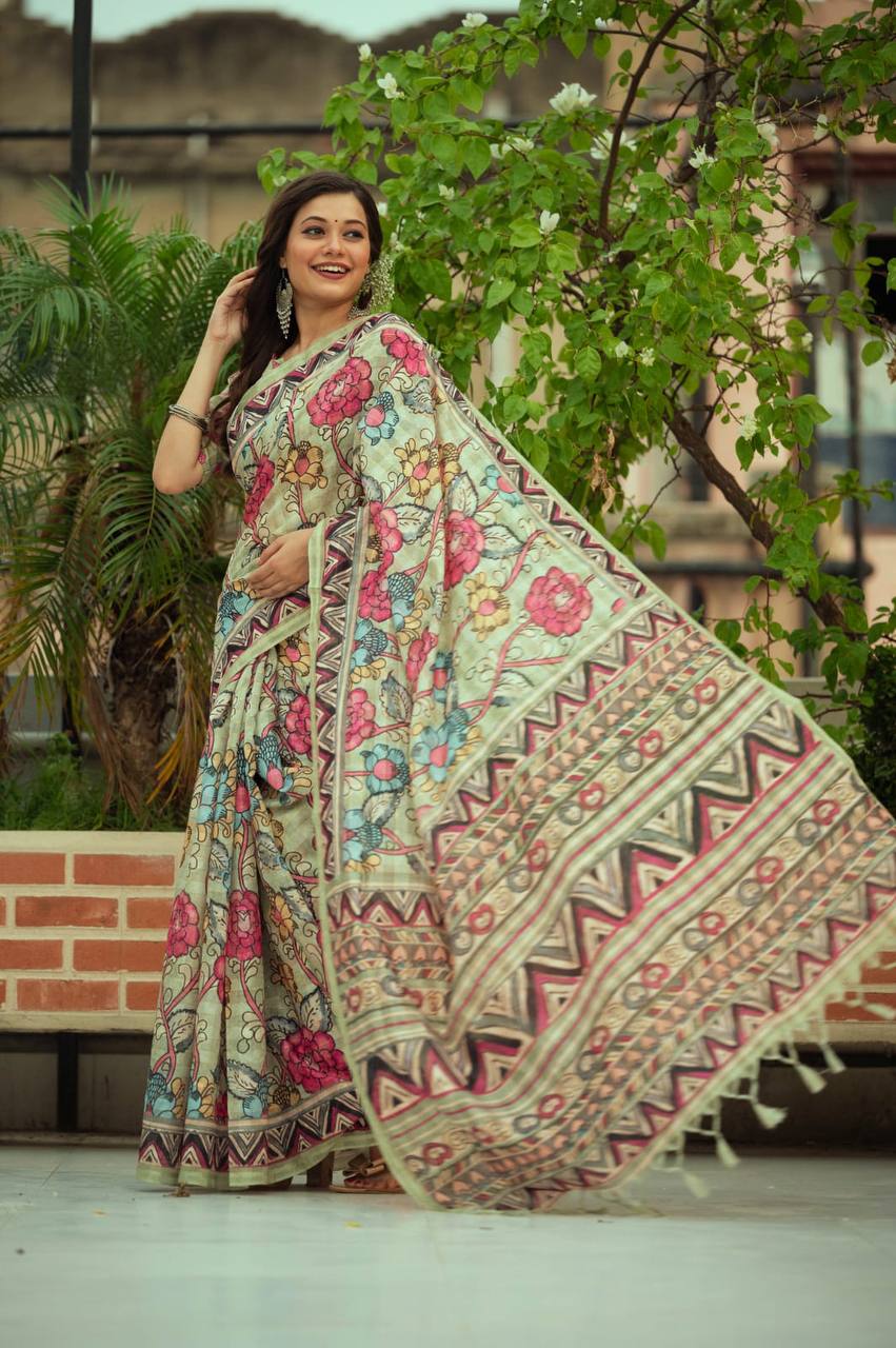 Soft Linen Cotton Saree With Beautiful Kalamkari Print