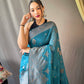 Aqua Blue Pure Linen Tissue Combination Saree