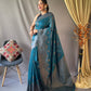 Aqua Blue Pure Linen Tissue Combination Saree