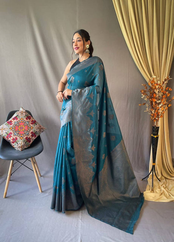 Aqua Blue Pure Linen Tissue Combination Saree