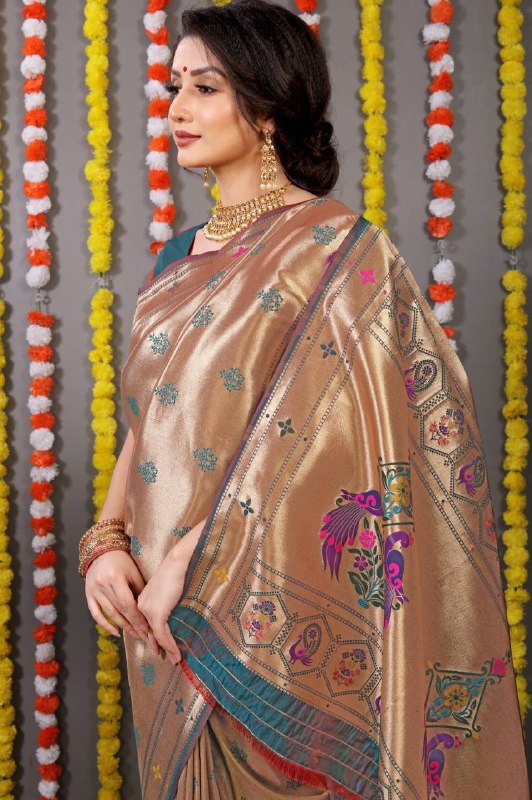 Peach Paithani Pure silk handloom saree with Pure Jari