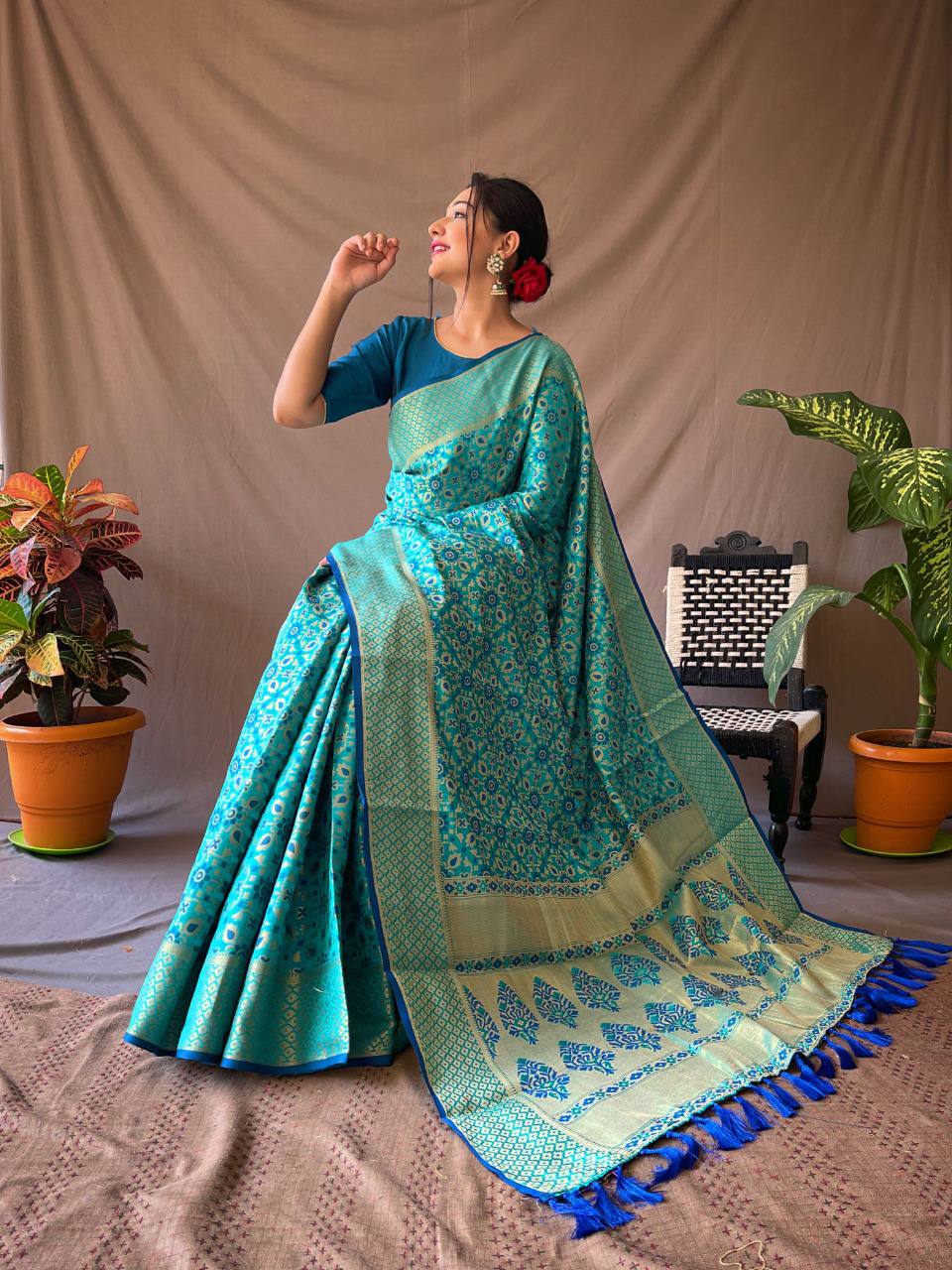 Blue Pure Patola Silk Saree With Contrast Meenakari