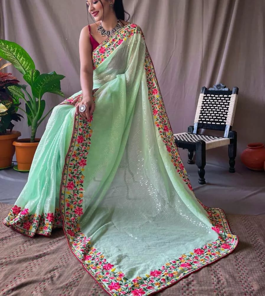 Green Pure Gorgate Saree With Sequence Work