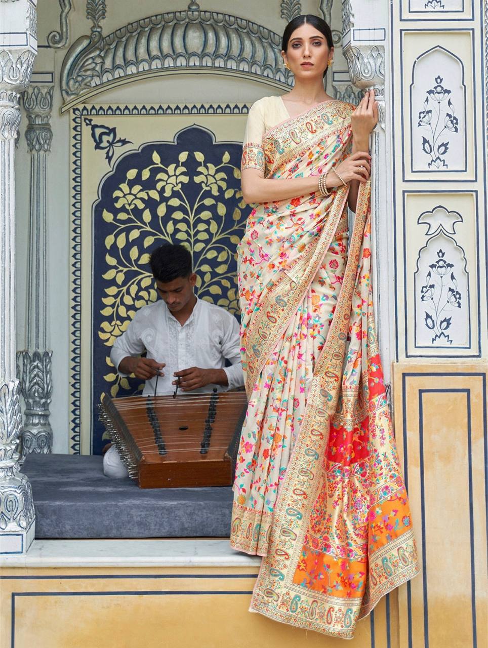 Cream Banarasi Soft Silk Saree With Zari Border