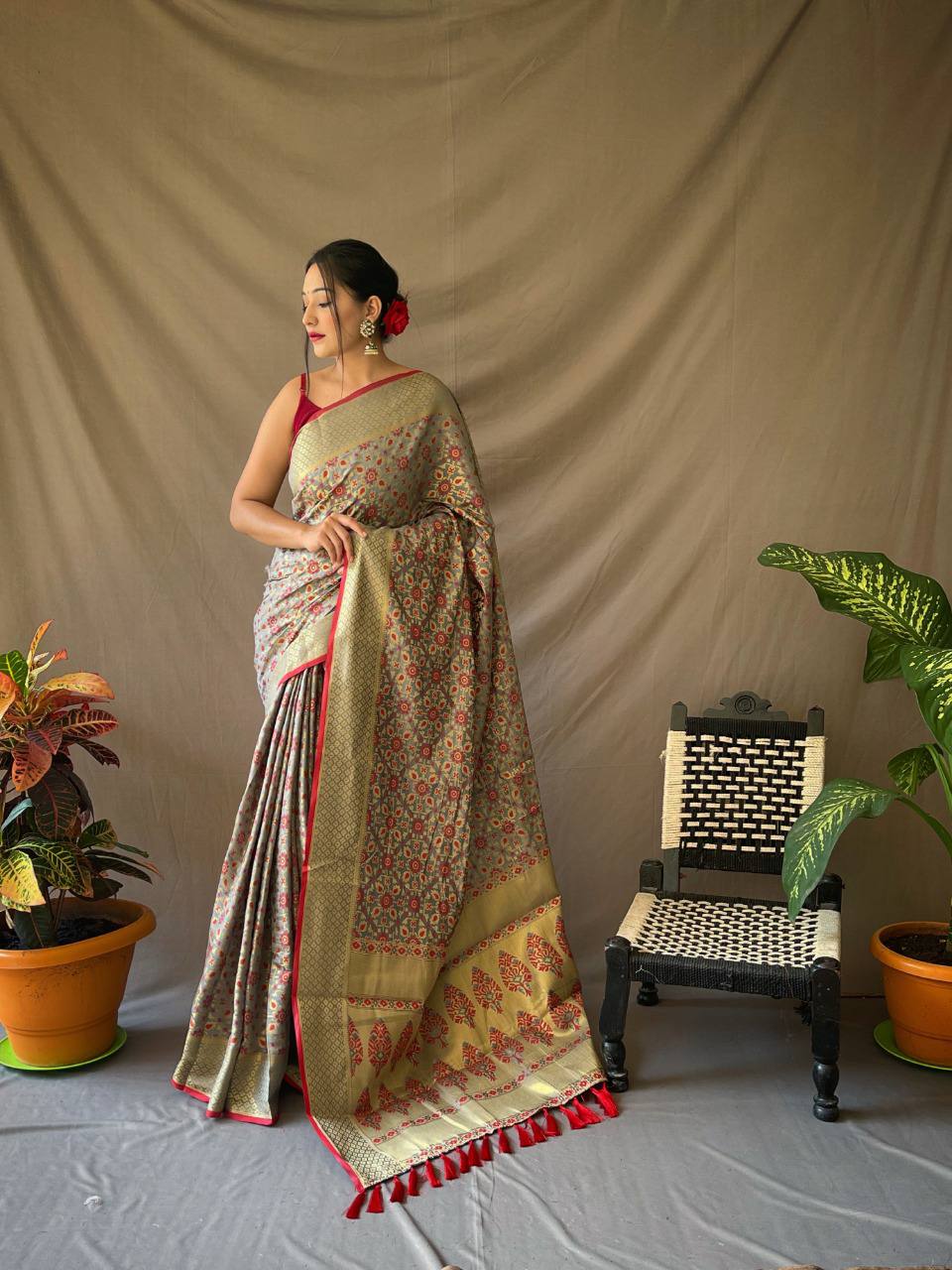 Grey Pure Patola Silk Saree With Contrast Meenakari