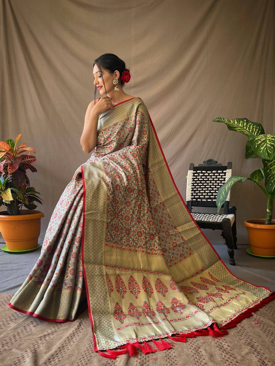 Grey Pure Patola Silk Saree With Contrast Meenakari