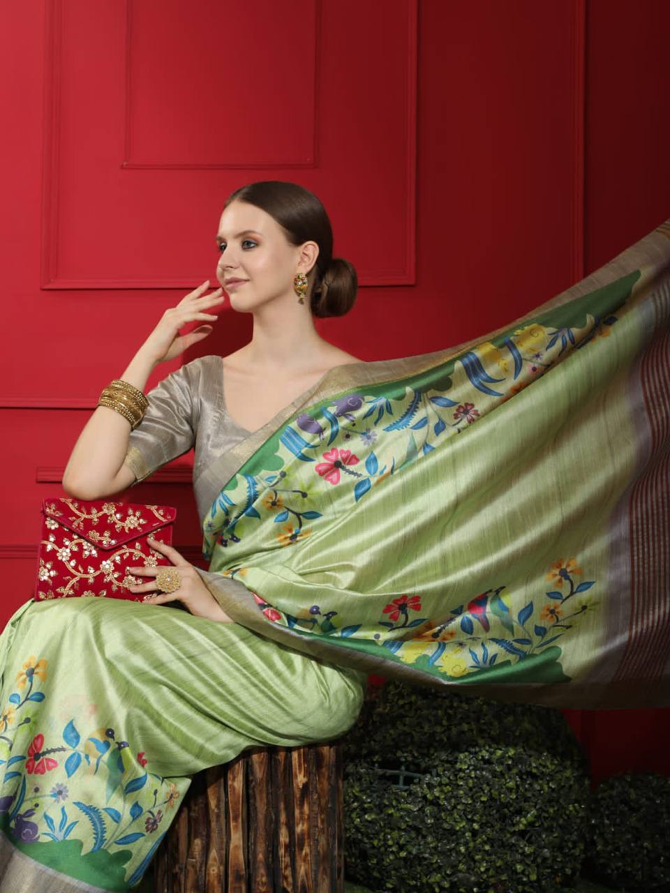 See Green Tussar Print Soft Saree with all Over Beautiful Print