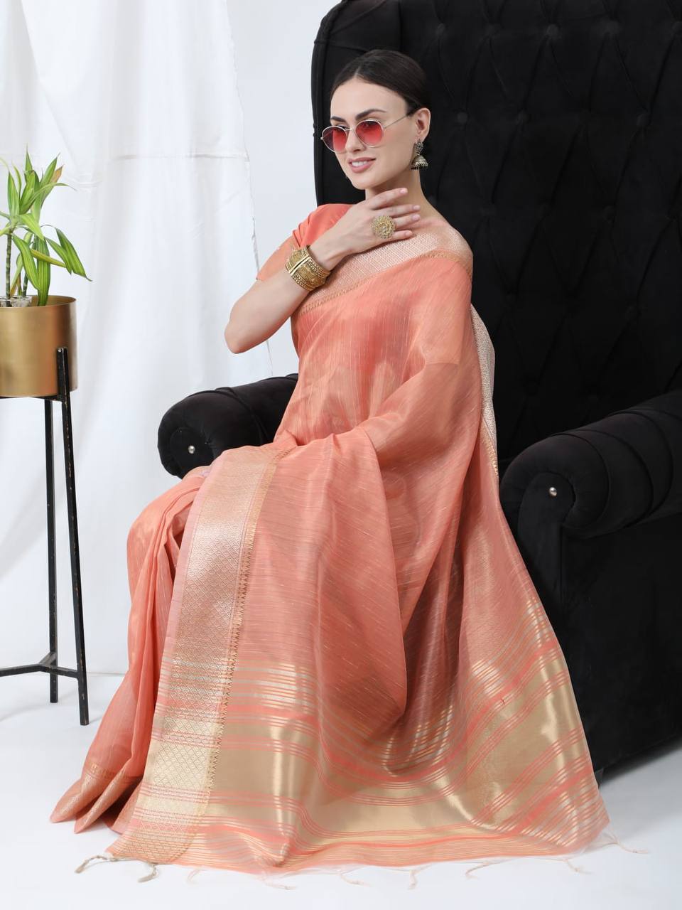 Peach Tissue Linnen Silk Saree With Fancy Zari Weaving Border