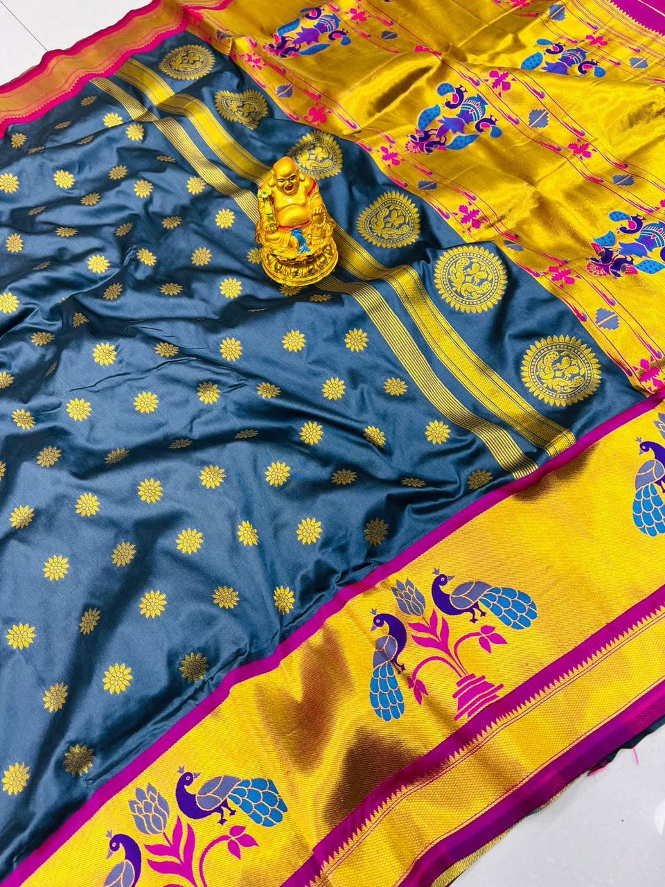 Grey  Paithani Pure Silk Handloom Saree With Pure Jari