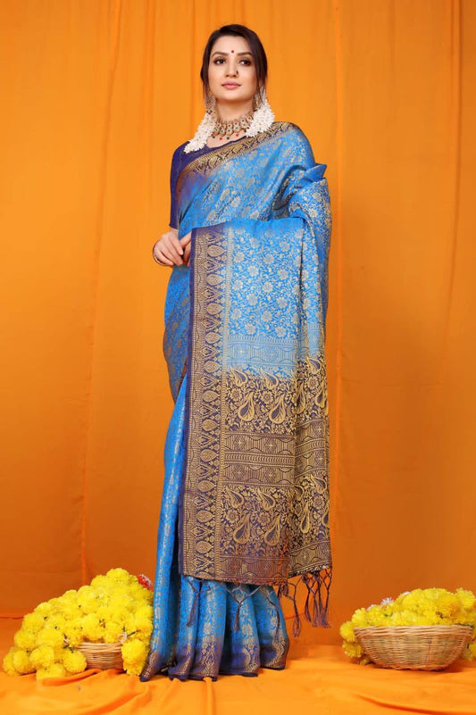 Aqua-Blue Pure Softly Silk Handloom Saree