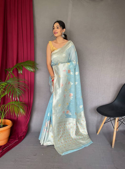 Aqua-Blue Pure Linen Slub Silk Saree With Zari Weaving
