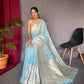 Aqua-Blue Pure Linen Slub Silk Saree With Zari Weaving