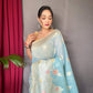 Aqua-Blue Pure Linen Slub Silk Saree With Zari Weaving