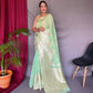 Green Pure Linen Slub Silk Saree With Zari Weaving