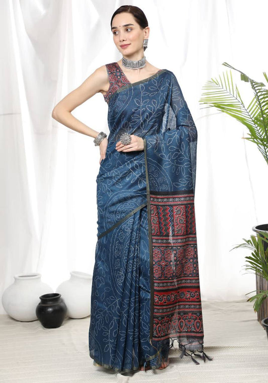 Blue Soft Linen Cotton Saree With Beautiful Bandhani