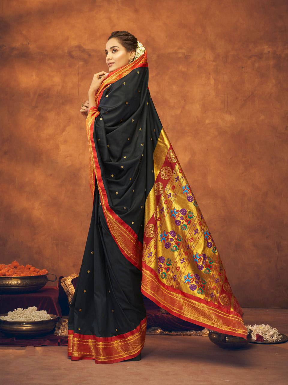 Black Soft Silk With Gold Zari