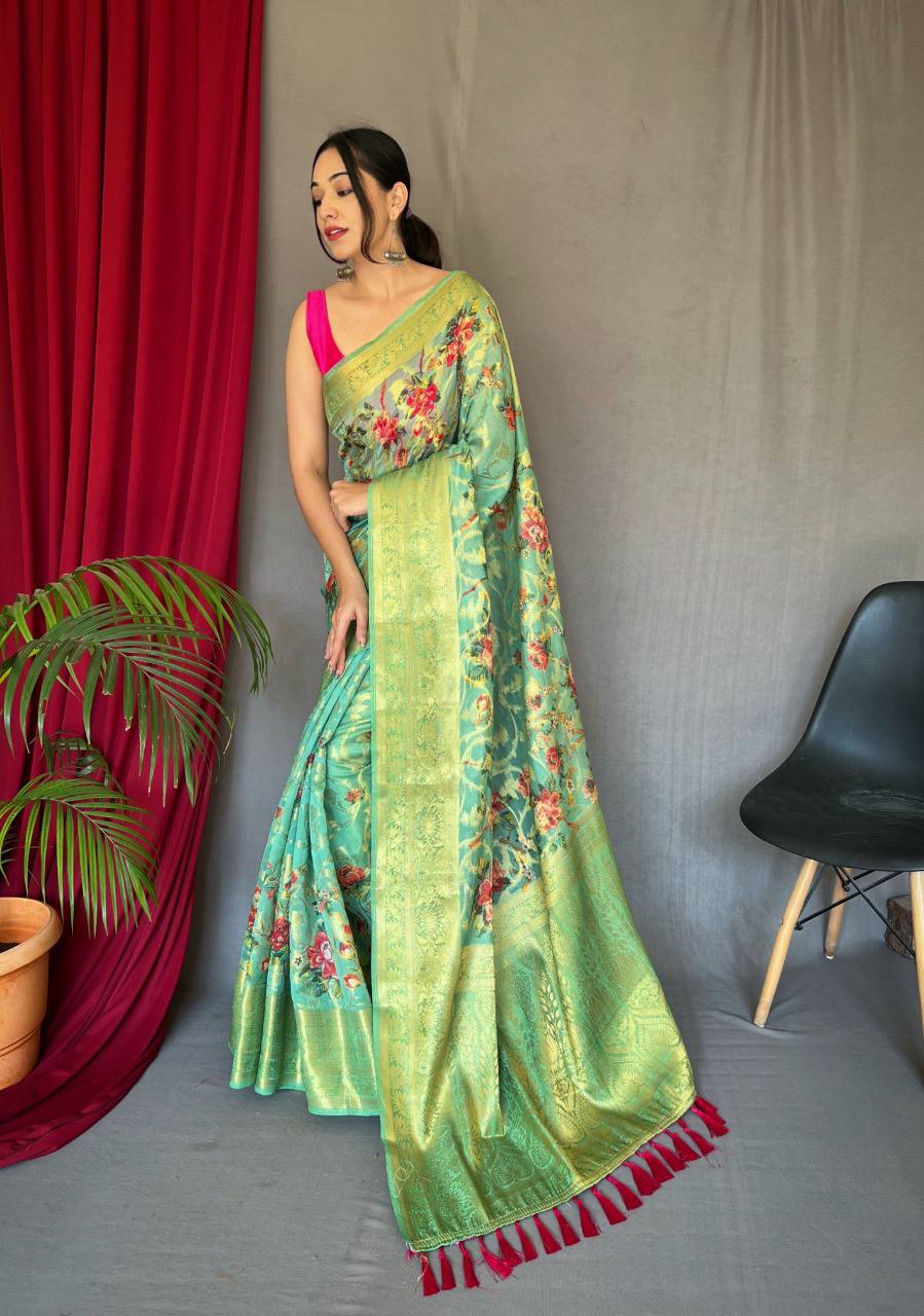 Green Organza Zari Sweaving Saree With Gold Zari Weaved Border