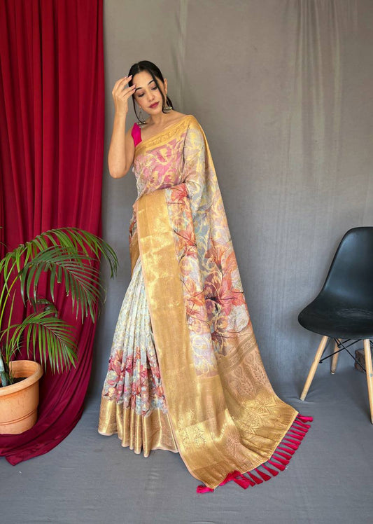 Orange Organza Zari Sweaving Saree With Gold Zari Weaved Border
