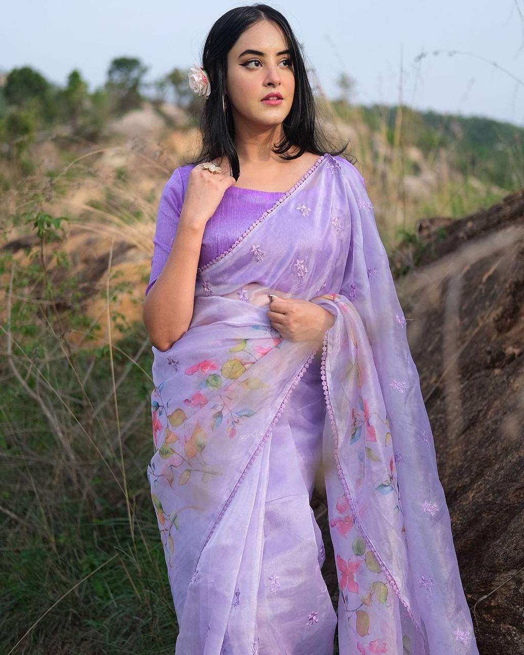 Purple Soft Organza Silk Saree With All Over Embroidered Butti Work