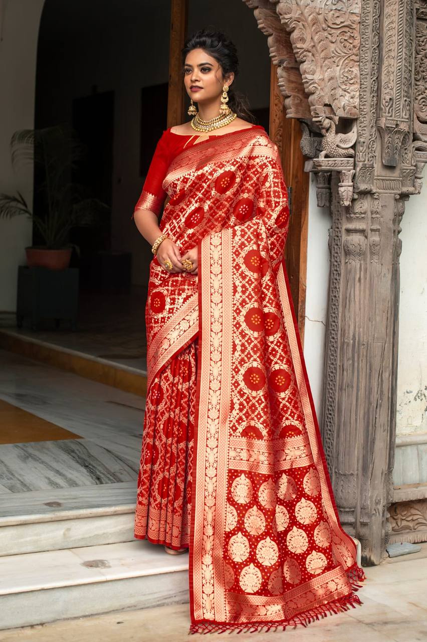 Red Pure Banarasi Silk Saree With Bandhani Meenakari Woven