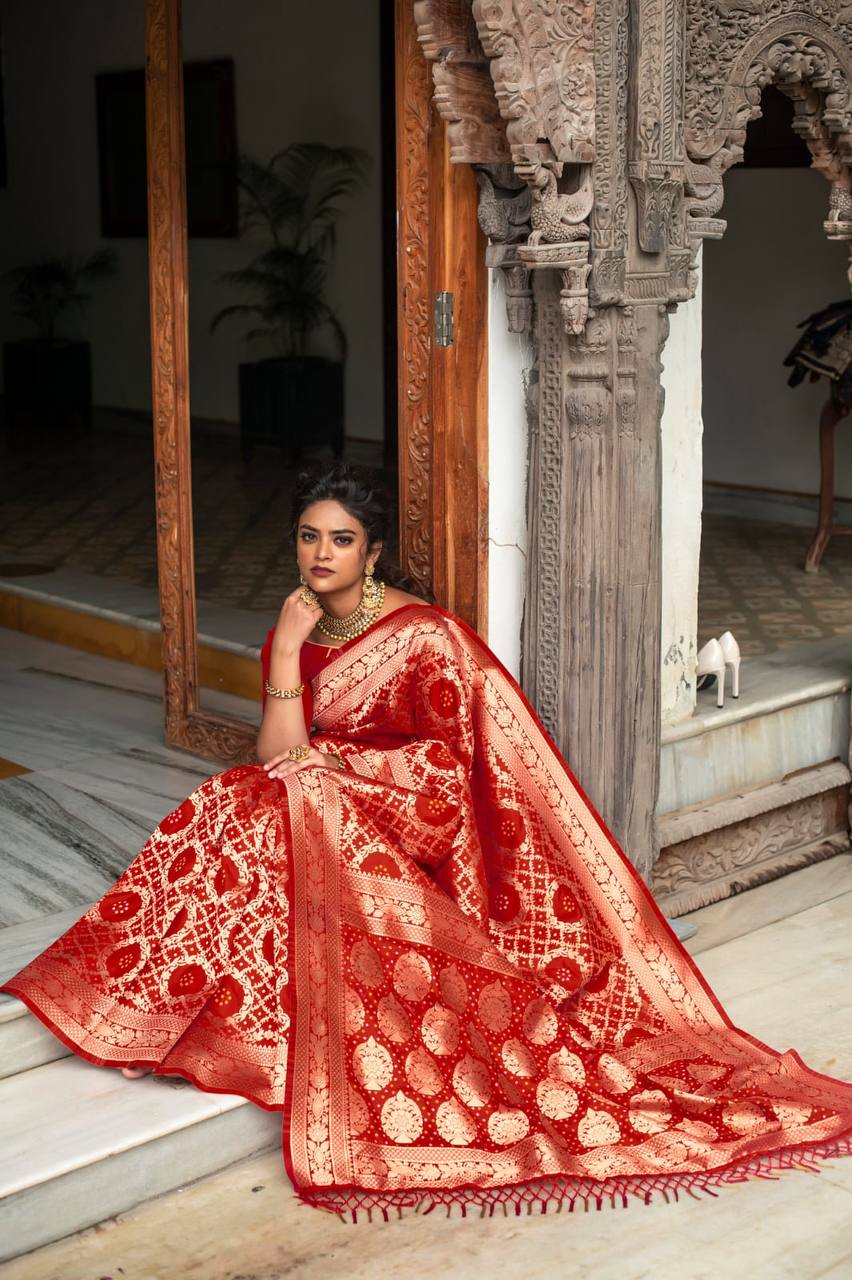 Red Pure Banarasi Silk Saree With Bandhani Meenakari Woven