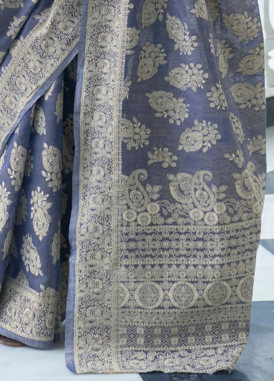 Blue Banarasi Cotton Chikankari Weaving Sarees