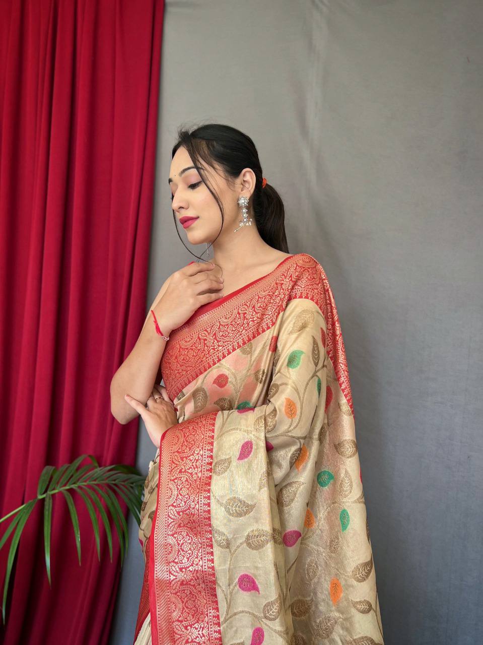 Cream Pure Tissue Silk Saree With Zari Weaving