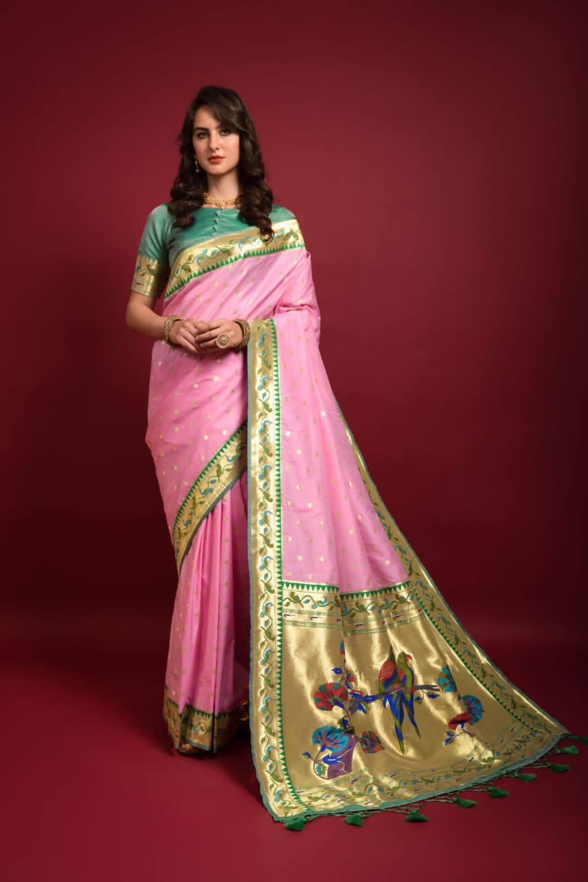 Pink Banarasi Soft Silk Paithani Saree With Fancy Meena