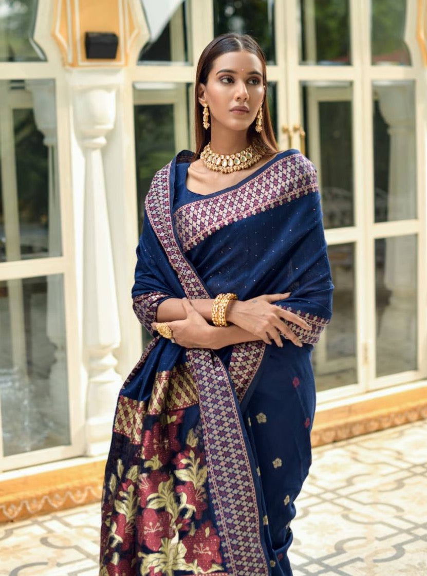 Blue Linen Silk Saree With Sequence Zari Weaves