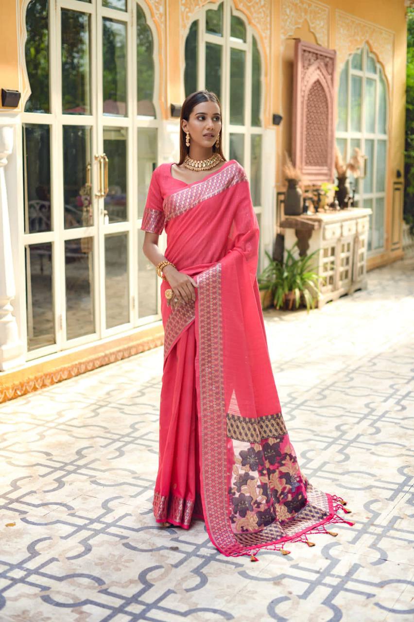 Pink Linen Silk Saree With Sequence Zari Weaves