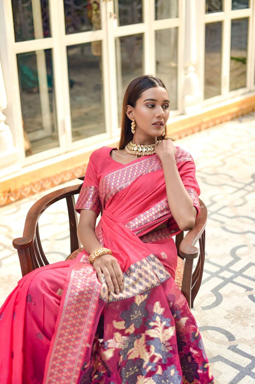 Pink Linen Silk Saree With Sequence Zari Weaves