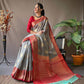 Grey Linen Saree With Chap Border