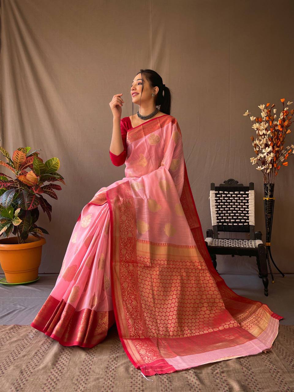 Pink Linen Saree With Chap Border