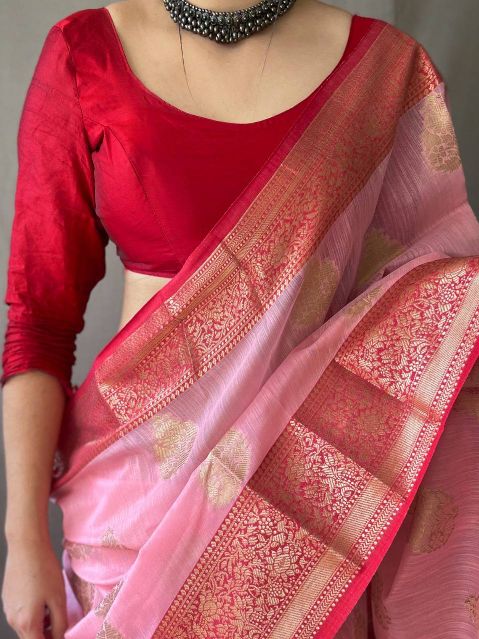 Pink Linen Saree With Chap Border