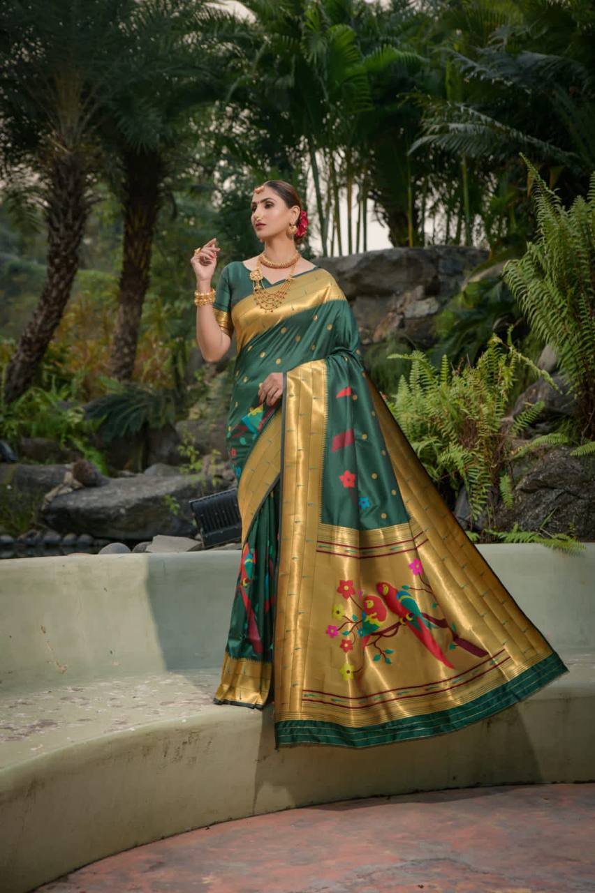 Green Paithani Pure Silk Handloom Saree With Pure Jari