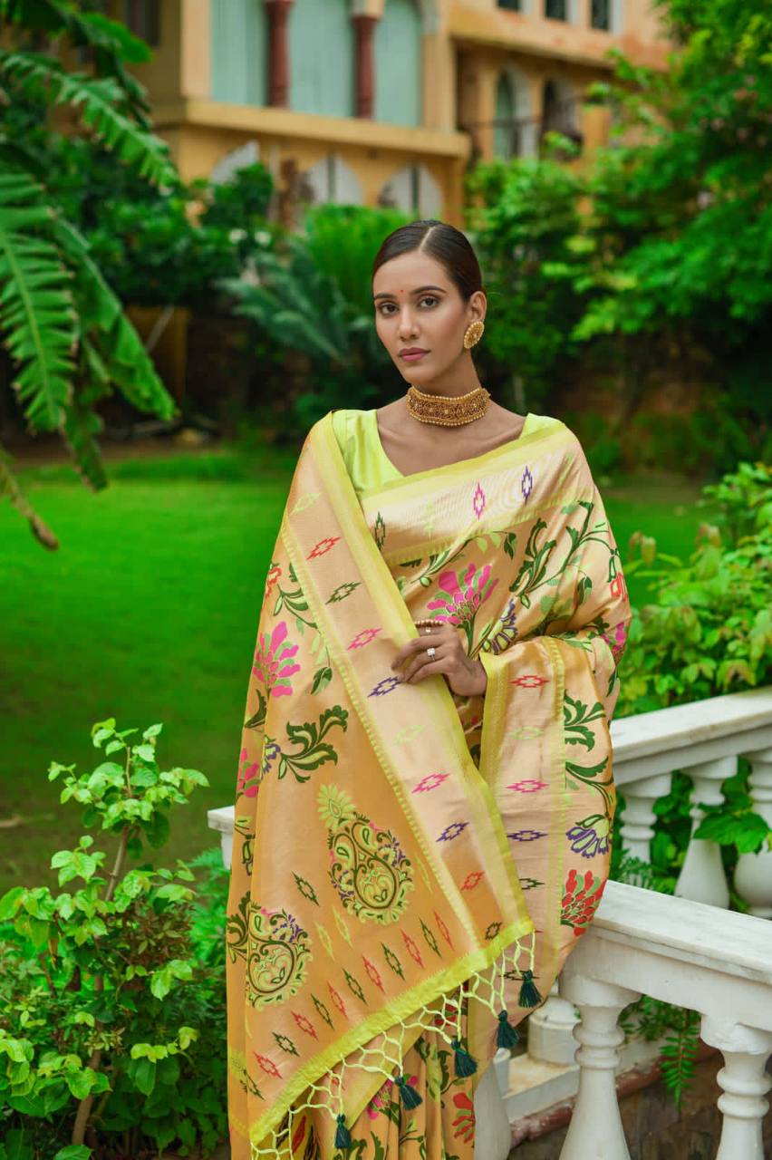 Lemon Banarasi Soft Silk Paithani Saree