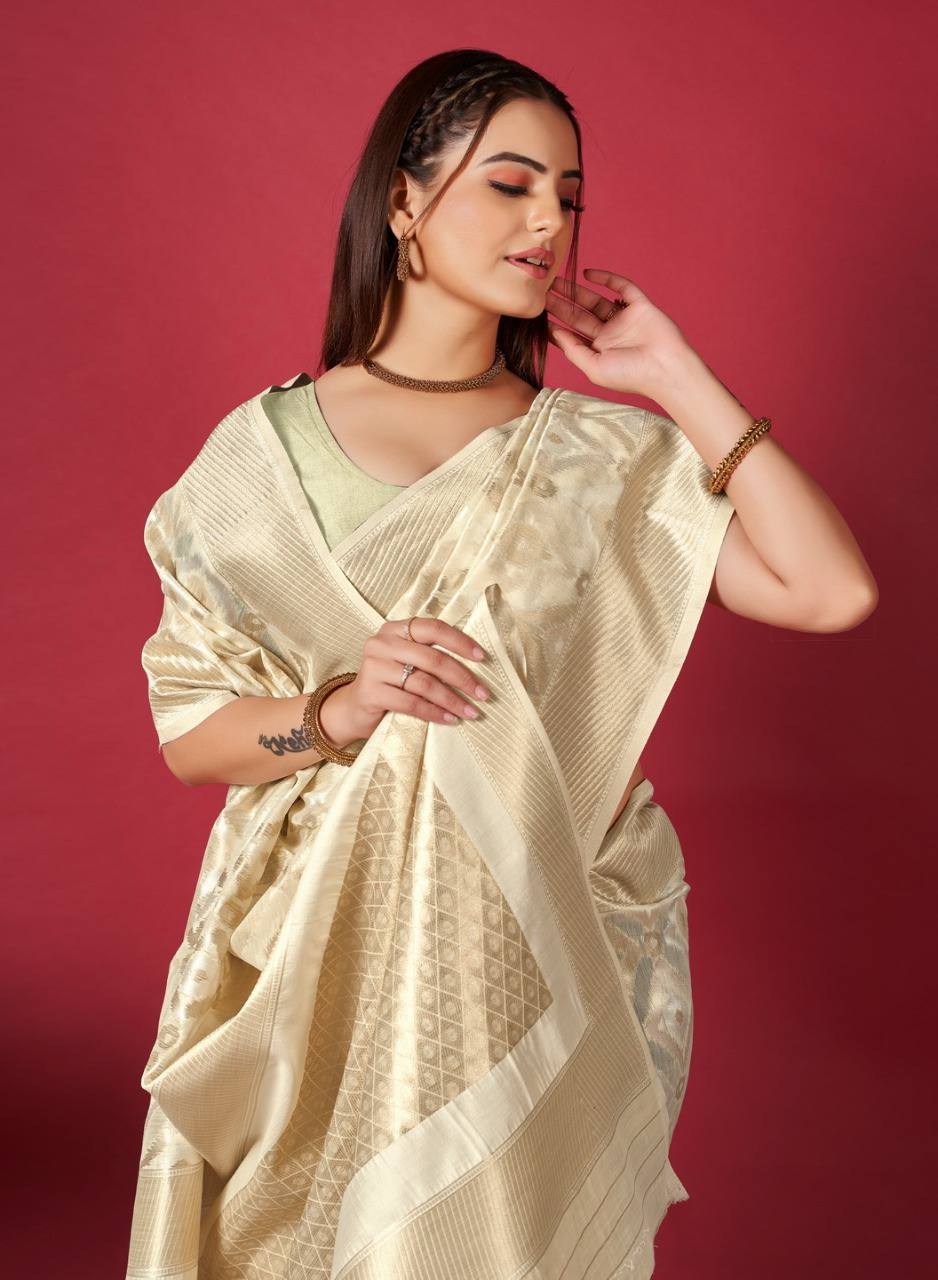 Cream Linen Saree With Ikkat Self Weaving