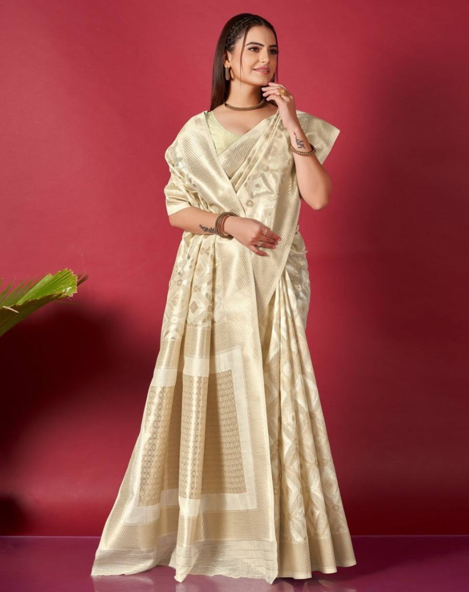 Cream Linen Saree With Ikkat Self Weaving