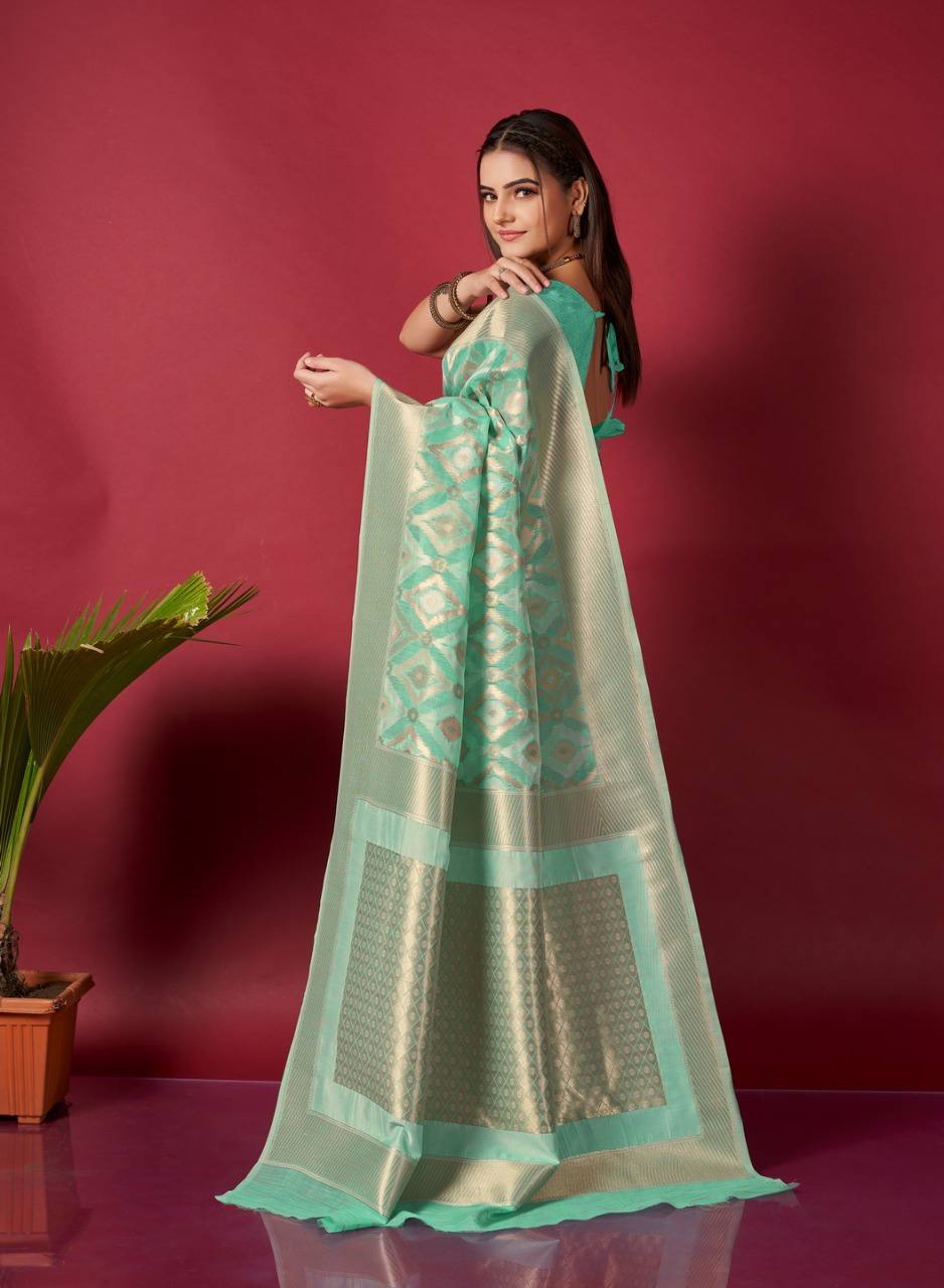 Green Linen Saree With Ikkat Self Weaving