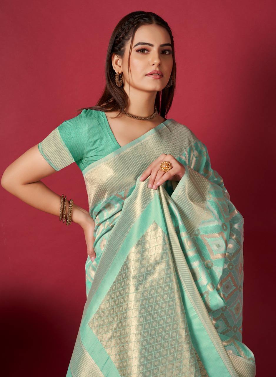 Green Linen Saree With Ikkat Self Weaving