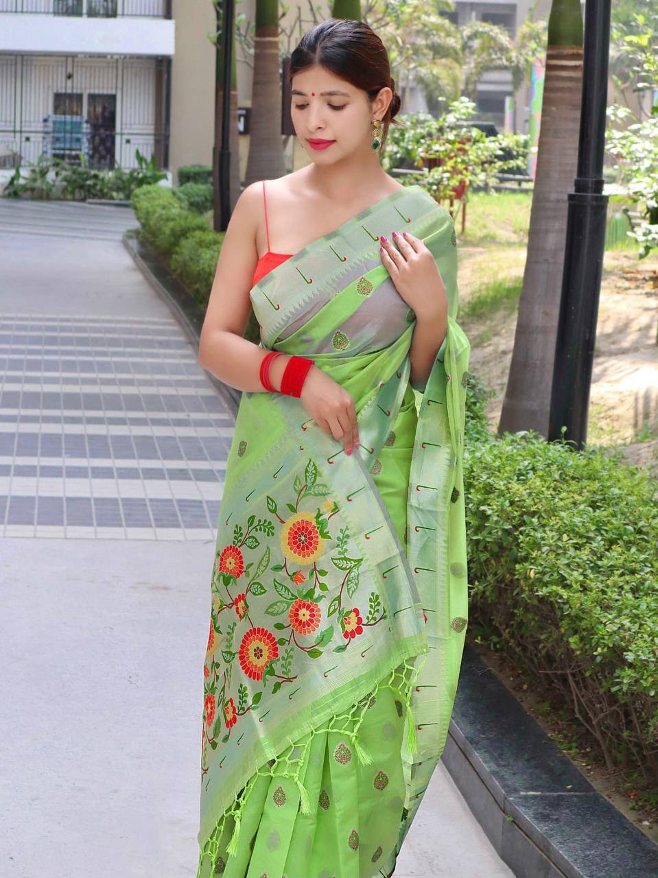 Green Paithani Saree With Zari Weaving Border.