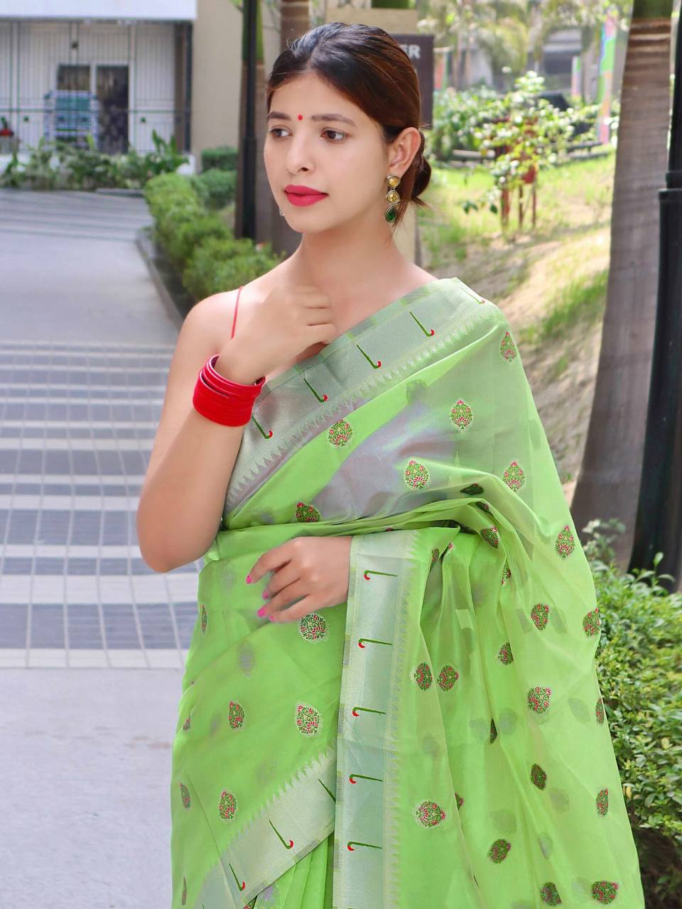 Green Paithani Saree With Zari Weaving Border.