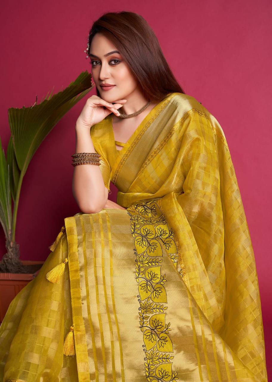 Blue Yellow Tissue Base Kanjivaram Silk Saree – StylebyPanaaash