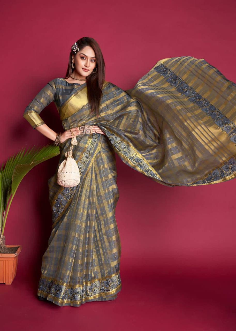 Grey Tissue Organza Silk Saree